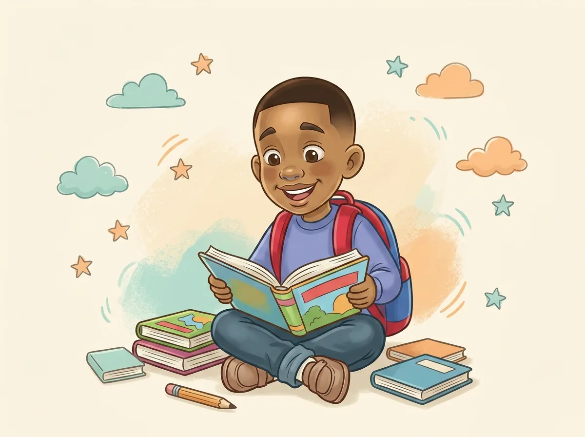 Children reading picture books together in a sunny reading nook